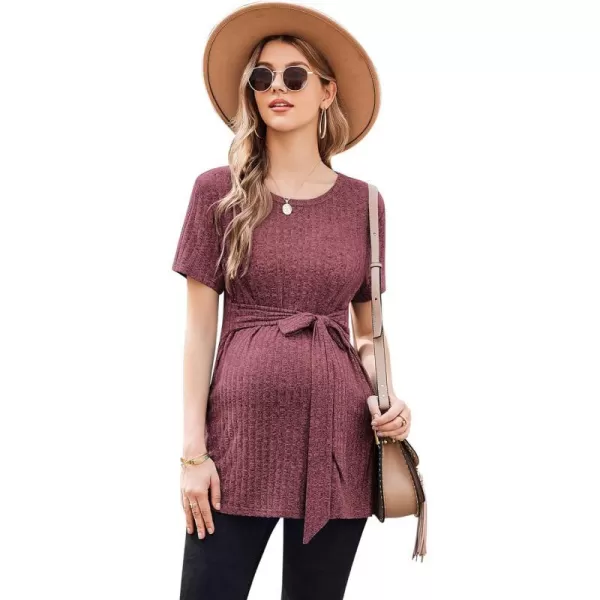 Ekouaer Maternity Tops Short Sleeve Pregnancy Shirt Tee Tunic Casual T Shirts Blouses Clothes SXXLWine Red