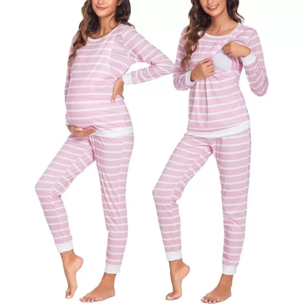 Ekouaer Maternity amp Nursing Thermal Underwear Set Striped Knit Long Johns Set Top amp Bottom Base Layer for Pregnant WomenPink Stripe