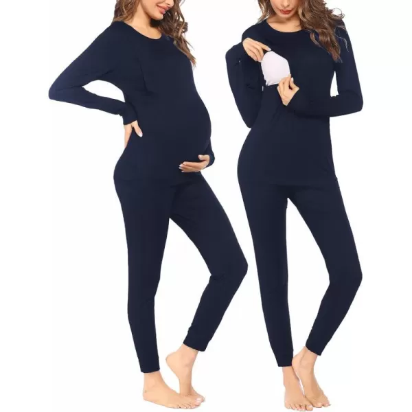 Ekouaer Maternity amp Nursing Thermal Underwear Set Striped Knit Long Johns Set Top amp Bottom Base Layer for Pregnant WomenSolid Navy Blue