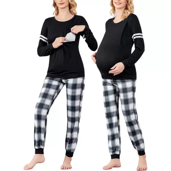 Ekouaer Materntiy amp Nursing Pajamas Sets Long Sleeve Breastfeeding Pajamas with Jogger Pants for HospitalBig Black Plaid