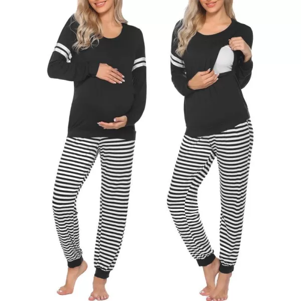 Ekouaer Materntiy amp Nursing Pajamas Sets Long Sleeve Breastfeeding Pajamas with Jogger Pants for HospitalBlack