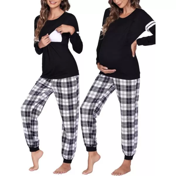 Ekouaer Materntiy amp Nursing Pajamas Sets Long Sleeve Breastfeeding Pajamas with Jogger Pants for HospitalBlack Plaid