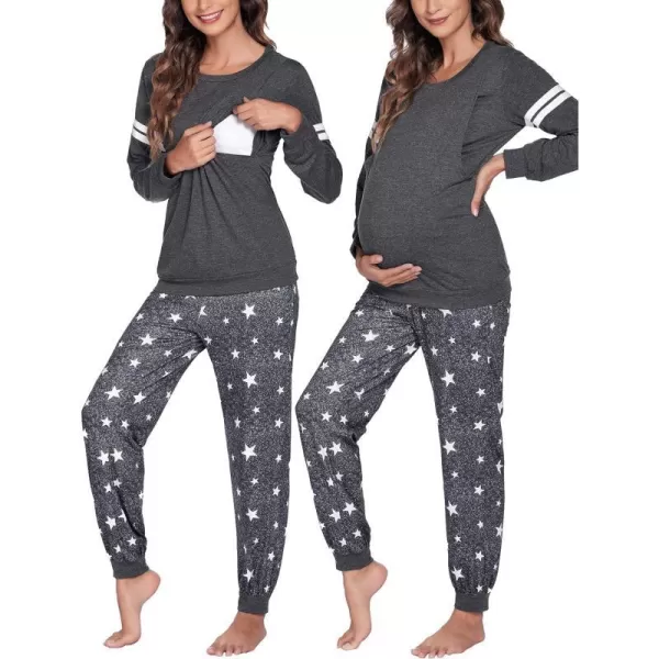 Ekouaer Materntiy amp Nursing Pajamas Sets Long Sleeve Breastfeeding Pajamas with Jogger Pants for HospitalGrey Star