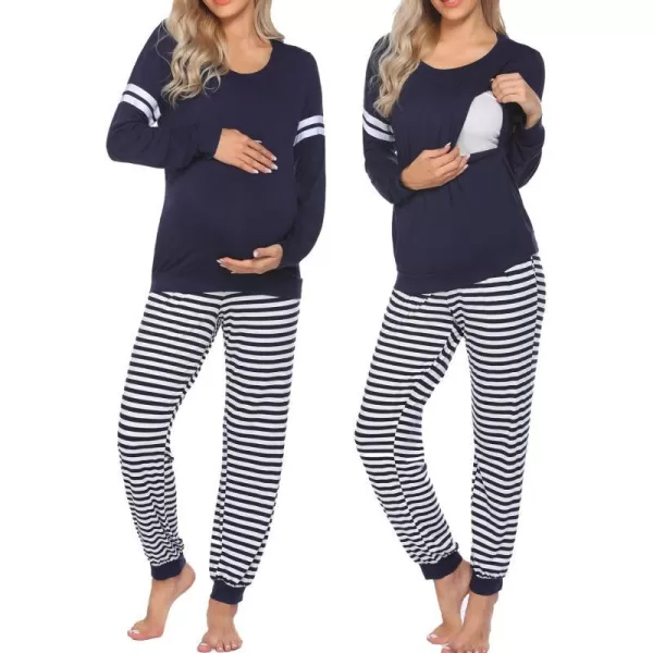 Ekouaer Materntiy amp Nursing Pajamas Sets Long Sleeve Breastfeeding Pajamas with Jogger Pants for HospitalNavy Blue