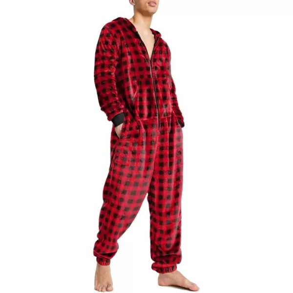 Ekouaer Men One Piece Pajama Christmas Fleece Onesie Pajama Zipper Jumpsuit with Pockets SXXLRed Plaid