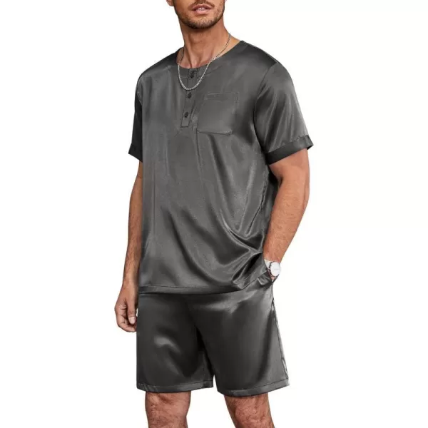 Ekouaer Men Satin Pajamas Set Short Sleeve Silk Sleepwear Button Down 2 Piece Loungewear with PocketsDark Gray