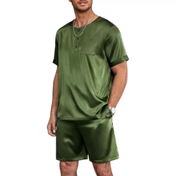 Ekouaer Men Satin Pajamas Set Short Sleeve Silk Sleepwear Button Down 2 Piece Loungewear with PocketsDarmy Green