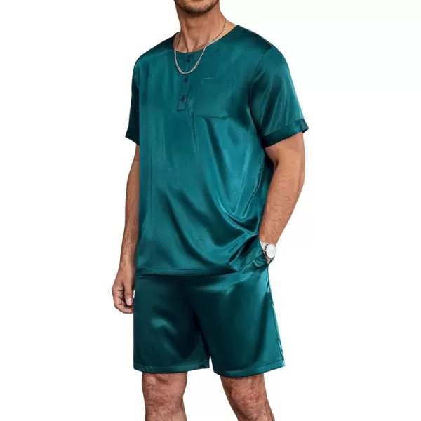 Ekouaer Men Satin Pajamas Set Short Sleeve Silk Sleepwear Button Down 2 Piece Loungewear with PocketsGreen