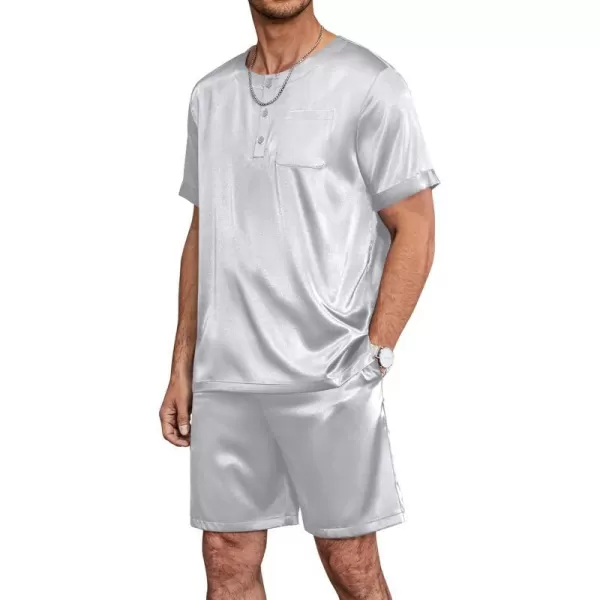 Ekouaer Men Satin Pajamas Set Short Sleeve Silk Sleepwear Button Down 2 Piece Loungewear with PocketsGrey