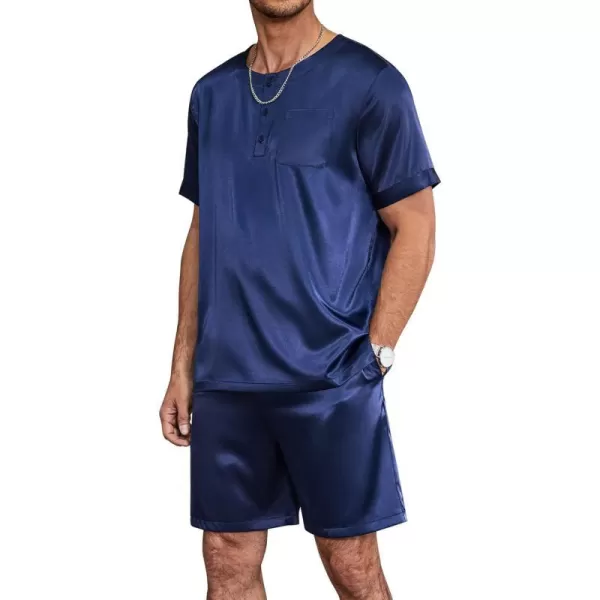 Ekouaer Men Satin Pajamas Set Short Sleeve Silk Sleepwear Button Down 2 Piece Loungewear with PocketsNavy Blue