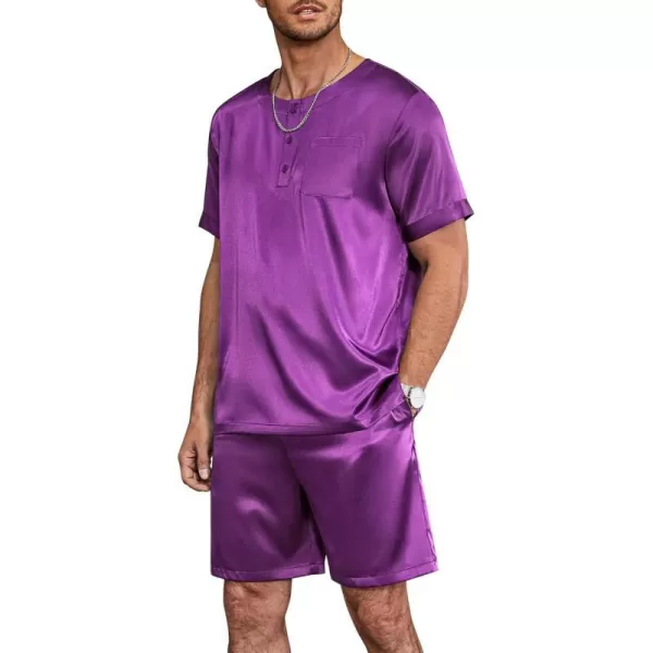 Ekouaer Men Satin Pajamas Set Short Sleeve Silk Sleepwear Button Down 2 Piece Loungewear with PocketsPurple