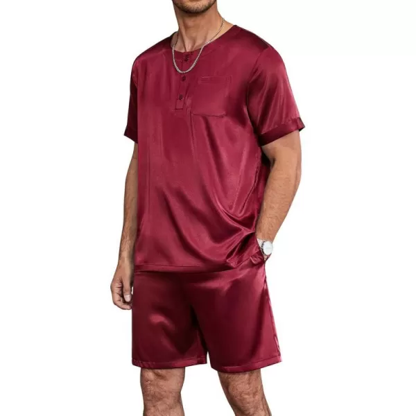 Ekouaer Men Satin Pajamas Set Short Sleeve Silk Sleepwear Button Down 2 Piece Loungewear with PocketsWine Red