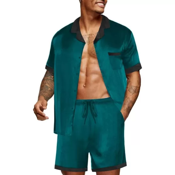 Ekouaer Men Satin Silk Pajamas Set with Pockets Sleepwear Shorts Satin Summer Loungewear 2 Piece Button Down Set SXXLShort Sleeve Lake Green