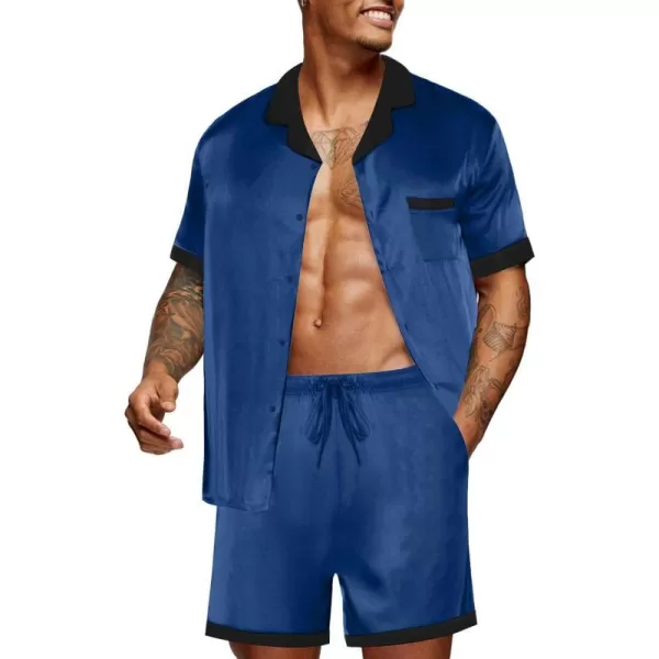 Ekouaer Men Satin Silk Pajamas Set with Pockets Sleepwear Shorts Satin Summer Loungewear 2 Piece Button Down Set SXXLShort Sleeve Navy Blue