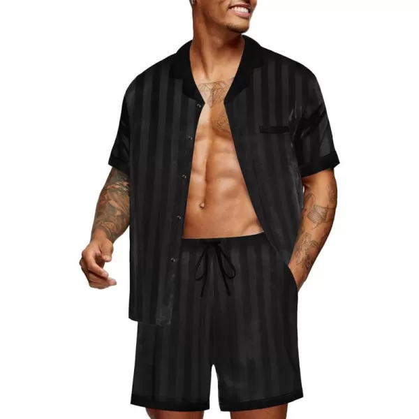 Ekouaer Men Satin Silk Pajamas Set with Pockets Sleepwear Shorts Satin Summer Loungewear 2 Piece Button Down Set SXXLShort Sleeve Pat2stripe