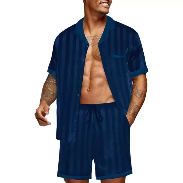 Ekouaer Men Satin Silk Pajamas Set with Pockets Sleepwear Shorts Satin Summer Loungewear 2 Piece Button Down Set SXXLShort Sleeve Pat4navy Blue Stripe