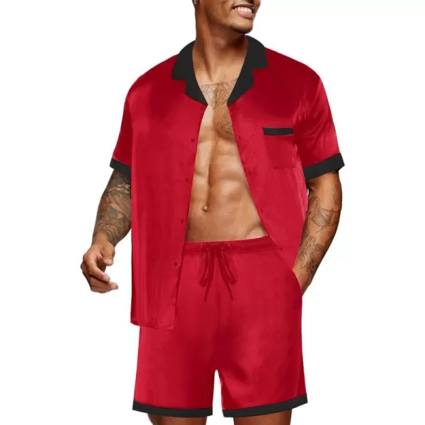 Ekouaer Men Satin Silk Pajamas Set with Pockets Sleepwear Shorts Satin Summer Loungewear 2 Piece Button Down Set SXXLShort Sleeve Red