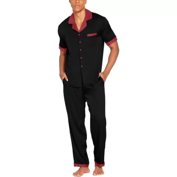 Ekouaer Men Silk Satin Pajamas Set Short Sleeve Button Down Sleepwear Loungewear with PocketsBlack