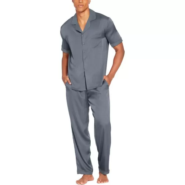 Ekouaer Men Silk Satin Pajamas Set Short Sleeve Button Down Sleepwear Loungewear with PocketsCharcoal Grey