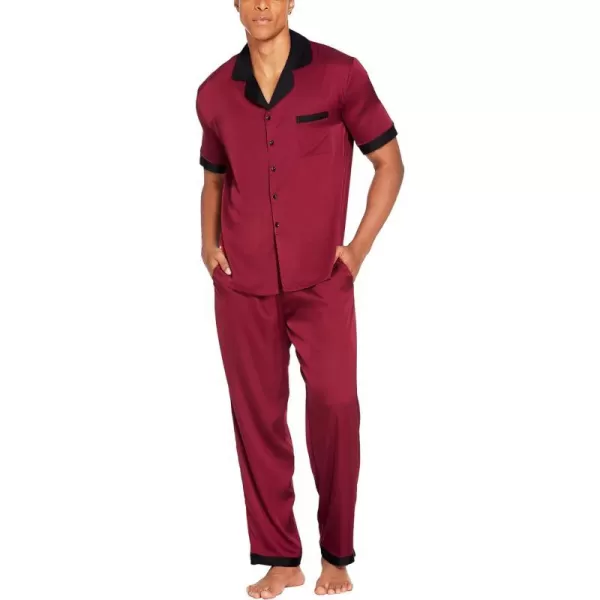 Ekouaer Men Silk Satin Pajamas Set Short Sleeve Button Down Sleepwear Loungewear with PocketsDark Red