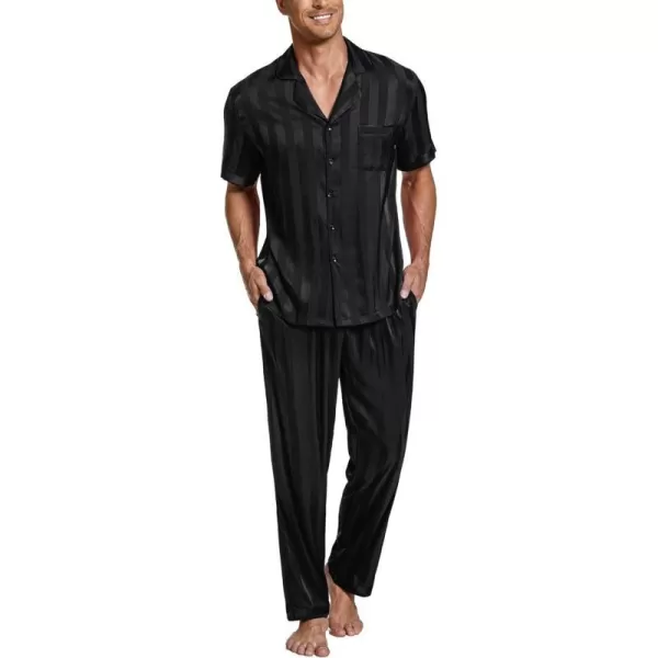 Ekouaer Men Silk Satin Pajamas Set Short Sleeve Button Down Sleepwear Loungewear with PocketsPat2black