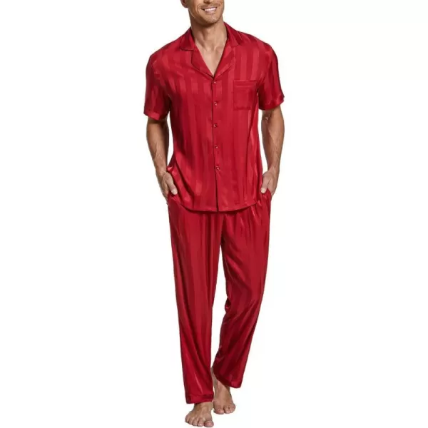 Ekouaer Men Silk Satin Pajamas Set Short Sleeve Button Down Sleepwear Loungewear with PocketsPat3red