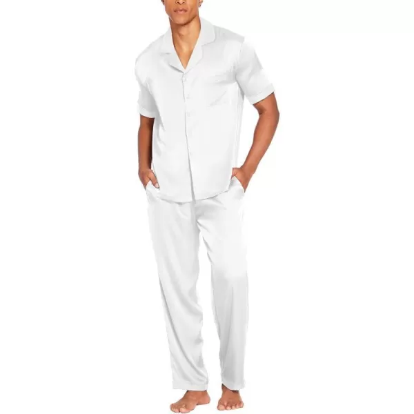 Ekouaer Men Silk Satin Pajamas Set Short Sleeve Button Down Sleepwear Loungewear with PocketsWhite