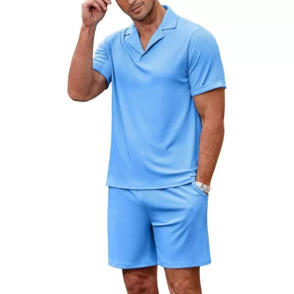 Ekouaer Mens Knit Pajama 2 Piece Lounge Set Stretch Shorts Sets Outfits Tracksuits with PocketsBlue