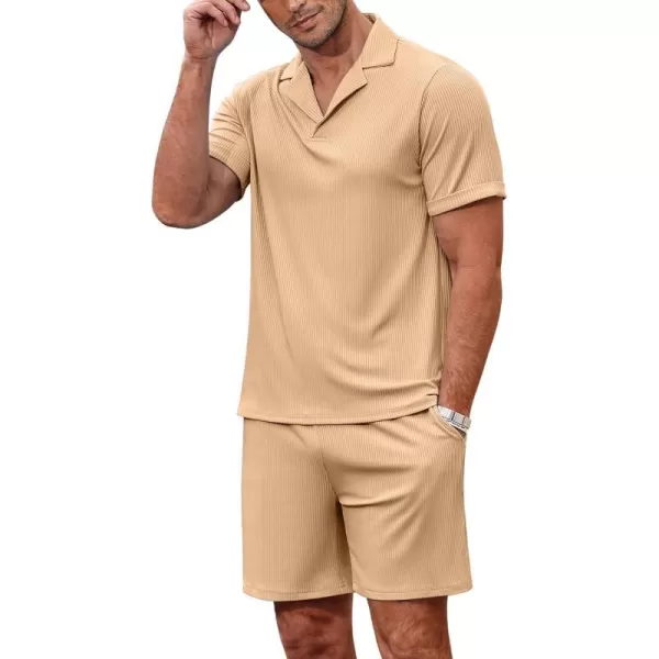 Ekouaer Mens Knit Pajama 2 Piece Lounge Set Stretch Shorts Sets Outfits Tracksuits with PocketsLight Brown