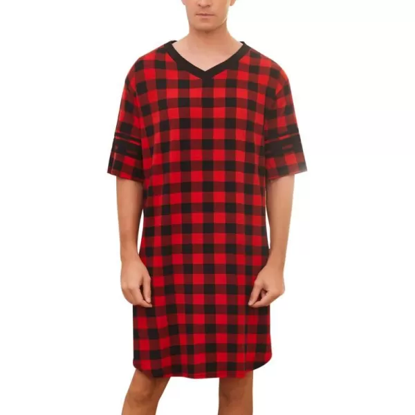 Ekouaer Mens Nightshirt Comfy Nightwear BigampTall V Neck Short Sleeve Soft Loose Pajama Sleep ShirtRed Plaid