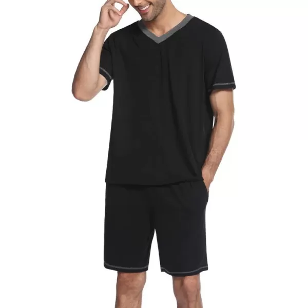 Ekouaer Mens Pajama Set Short Sleeve V Neck 2 Piece Nightwear Shorts With Pockets Summer Sleepwear PJS for MenBlack