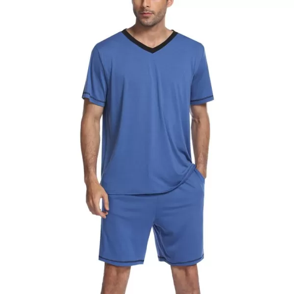 Ekouaer Mens Pajama Set Short Sleeve V Neck 2 Piece Nightwear Shorts With Pockets Summer Sleepwear PJS for MenBlue