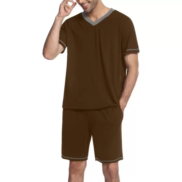 Ekouaer Mens Pajama Set Short Sleeve V Neck 2 Piece Nightwear Shorts With Pockets Summer Sleepwear PJS for MenBrown