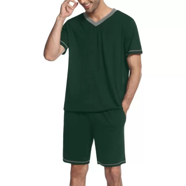 Ekouaer Mens Pajama Set Short Sleeve V Neck 2 Piece Nightwear Shorts With Pockets Summer Sleepwear PJS for MenLake Green