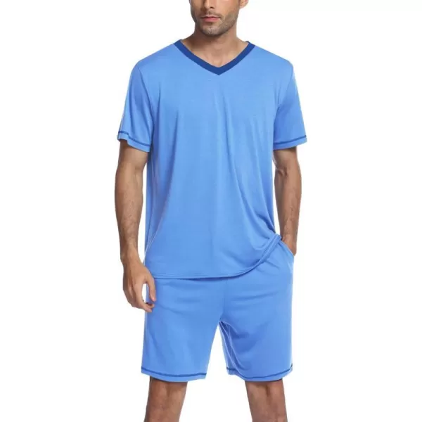 Ekouaer Mens Pajama Set Short Sleeve V Neck 2 Piece Nightwear Shorts With Pockets Summer Sleepwear PJS for MenLight Blue