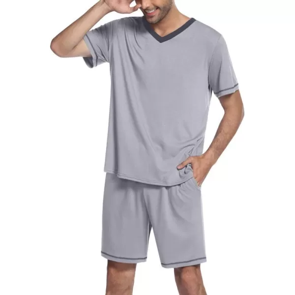 Ekouaer Mens Pajama Set Short Sleeve V Neck 2 Piece Nightwear Shorts With Pockets Summer Sleepwear PJS for MenLight Grey