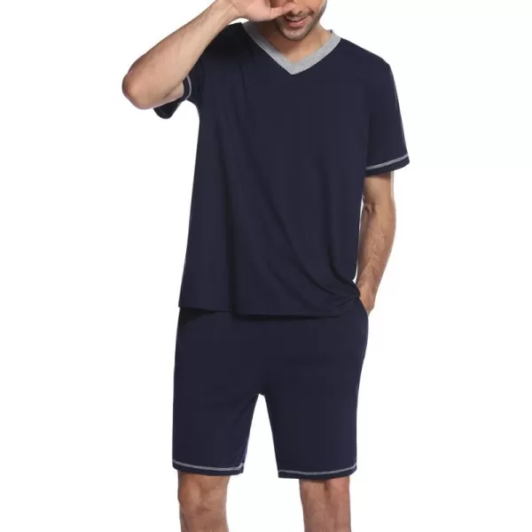 Ekouaer Mens Pajama Set Short Sleeve V Neck 2 Piece Nightwear Shorts With Pockets Summer Sleepwear PJS for MenNavy Blue