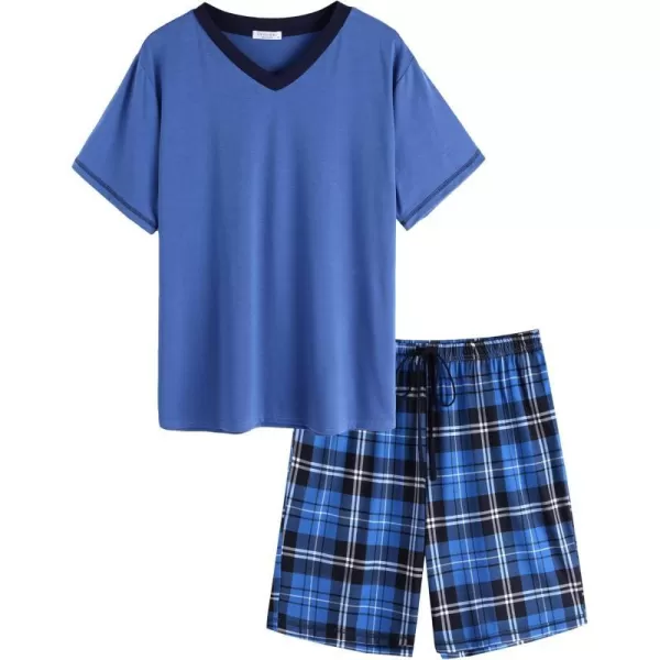 Ekouaer Mens Pajama Set Short Sleeve V Neck 2 Piece Nightwear Shorts With Pockets Summer Sleepwear PJS for MenNavy Bluenavy Plaid