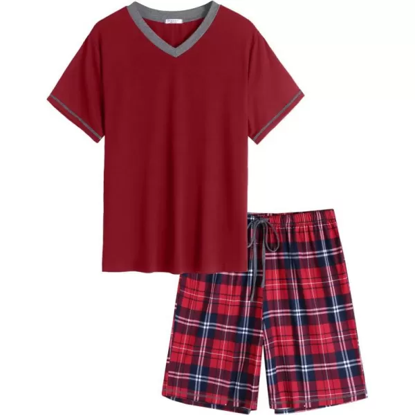 Ekouaer Mens Pajama Set Short Sleeve V Neck 2 Piece Nightwear Shorts With Pockets Summer Sleepwear PJS for MenWine Redred Plaid