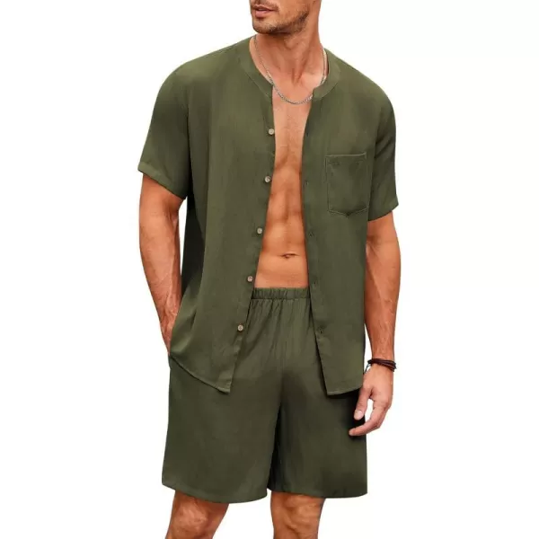 Ekouaer Mens Pajamas 2 Piece Lounge Sets Button Down Shorts Set Outfits Tracksuits with PocketsArmy Green