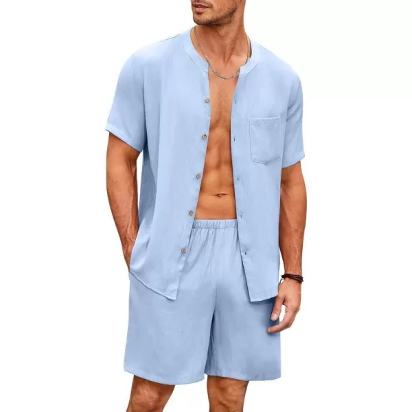 Ekouaer Mens Pajamas 2 Piece Lounge Sets Button Down Shorts Set Outfits Tracksuits with PocketsClear Blue