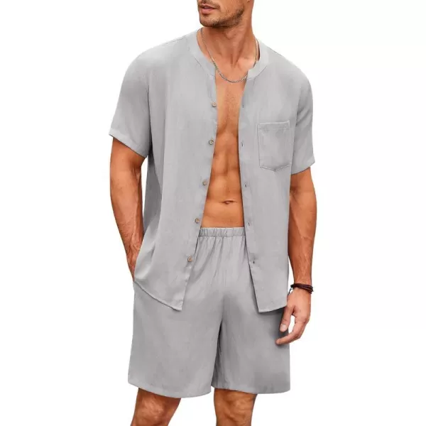 Ekouaer Mens Pajamas 2 Piece Lounge Sets Button Down Shorts Set Outfits Tracksuits with PocketsLight Grey