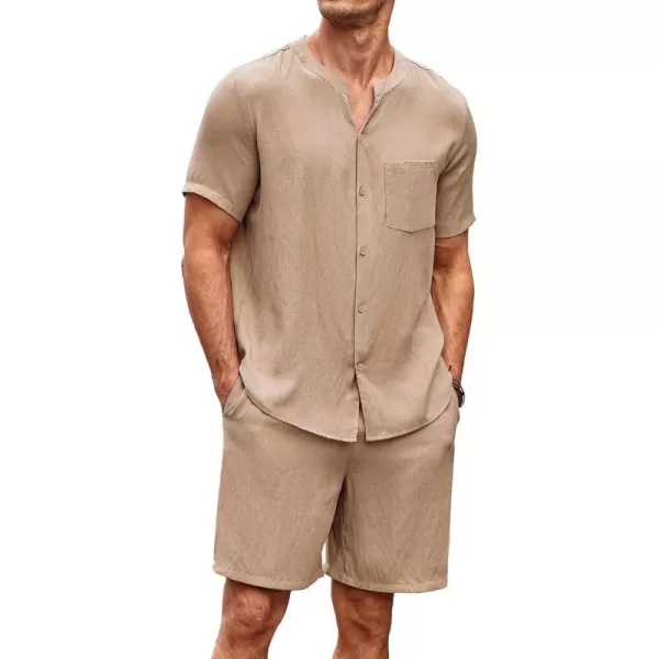 Ekouaer Mens Pajamas 2 Piece Lounge Sets Button Down Shorts Set Outfits Tracksuits with PocketsLight Tan