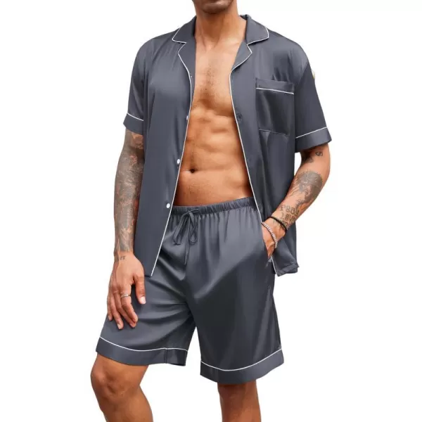 Ekouaer Mens Satin Pajamas Set ButtonDown Short Sleeve Shirt Top Soft Silk Sleepwear Loose Pocket Pant LoungewearGrey