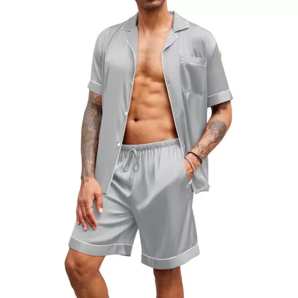 Ekouaer Mens Satin Pajamas Set ButtonDown Short Sleeve Shirt Top Soft Silk Sleepwear Loose Pocket Pant LoungewearLight Grey