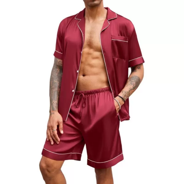 Ekouaer Mens Satin Pajamas Set ButtonDown Short Sleeve Shirt Top Soft Silk Sleepwear Loose Pocket Pant LoungewearWine Red