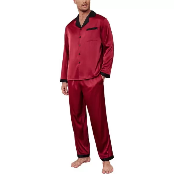 Ekouaer Mens Silk Pajama Set Long Satin Loungewear 2 Piece Pjs Classic Button Down Sleepwear SXXLLong Sleevedark Red