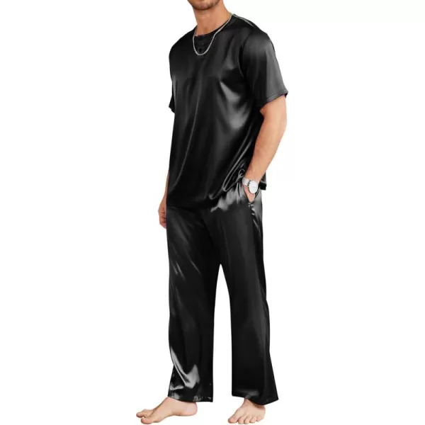 Ekouaer Mens Silk Satin Pajama Set Short Sleeve Sleepwear Silky Loungewear with Long PantsButton Down Black