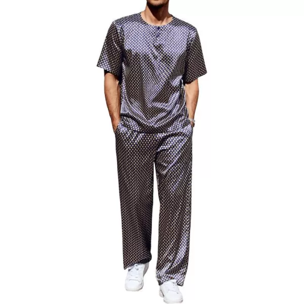 Ekouaer Mens Silk Satin Pajama Set Short Sleeve Sleepwear Silky Loungewear with Long PantsButton Down Clover