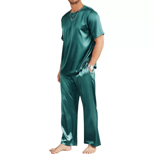 Ekouaer Mens Silk Satin Pajama Set Short Sleeve Sleepwear Silky Loungewear with Long PantsButton Down Dark Green